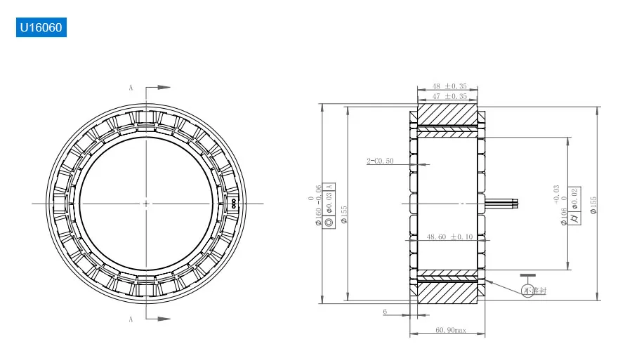 OD 160mm series Frameless Direct Drive Torque Motors drawing