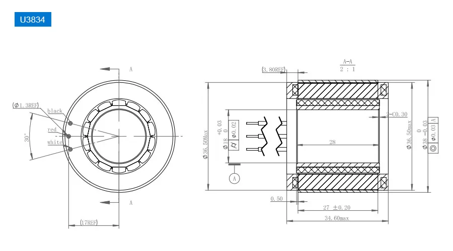 OD 38mm series Frameless Direct Drive Torque Motors drawing